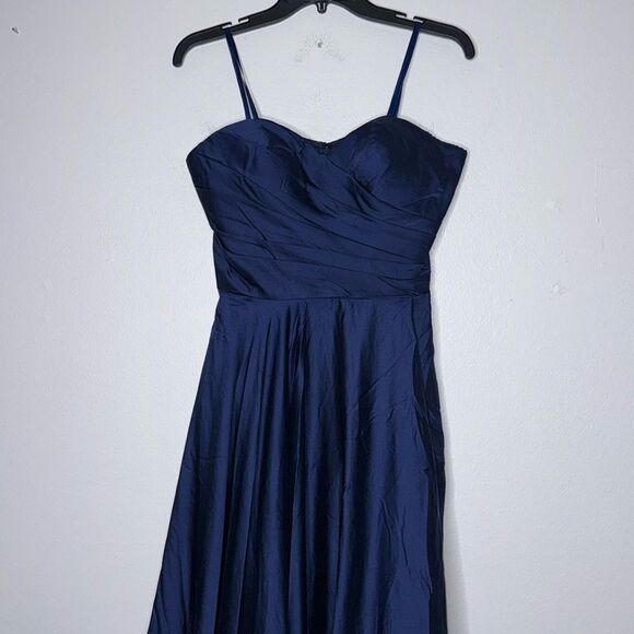 La Femme Womens Size 8 Navy Strapless Slit Satin Ballgown - Picture 5 of 12